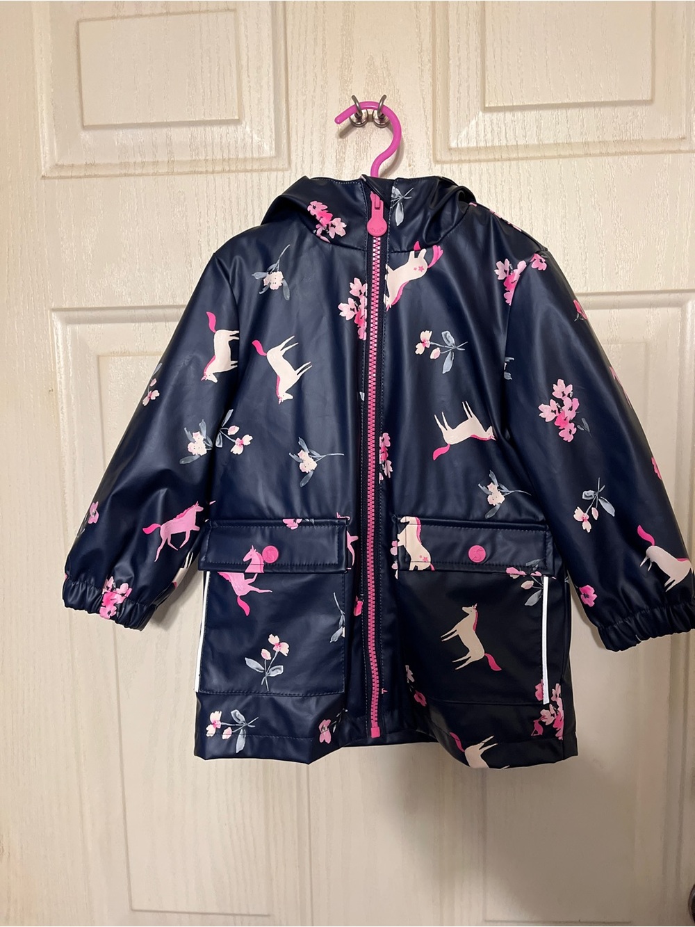 Joules Kids Navy Unicorn Hooded Raincoat with Pink Accents